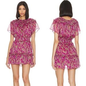 MISA Los Angeles Sz XS Fuschia Paisley‎ Chiffon Mini Dress Smocked Waist Ruffle